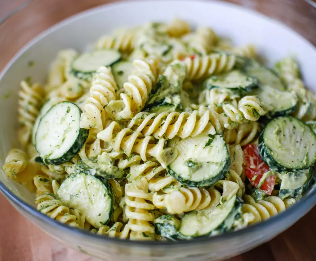 Fresh cucumber pasta salad in a bowl with cherry tomatoes and herbs, perfect for a light summer meal.