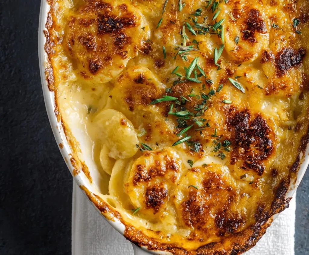 Creamy and cheesy au gratin potatoes layered with melted cheese and golden crust perfect for family dinners.
