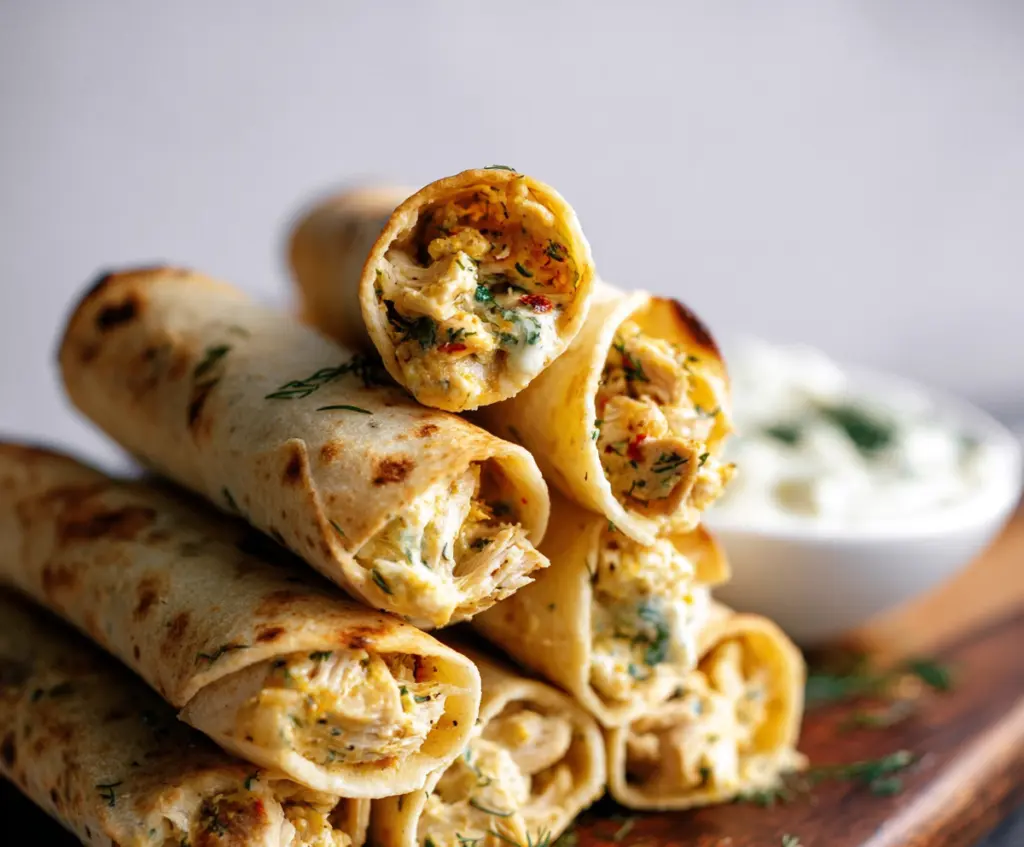 Crispy Dill Pickle Ranch Chicken Taquitos served with fresh toppings on a plate.