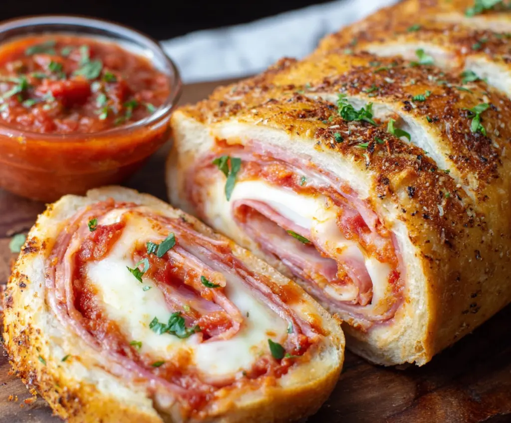 Delicious homemade Easy Stromboli with melted cheese and savory fillings rolled in golden bread.