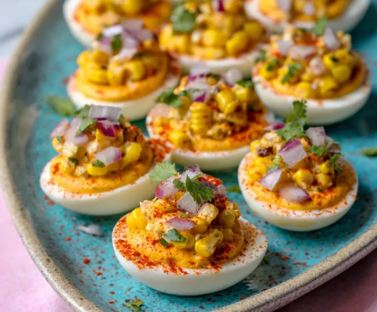 Delicious Elote Deviled Eggs garnished with spicy seasoning and fresh herbs, perfect for a fiesta appetizer.