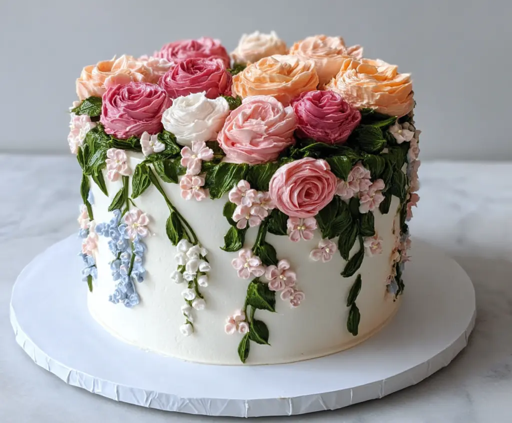 Colorful floral cake decorated with fresh flowers and intricate piping design for special celebrations