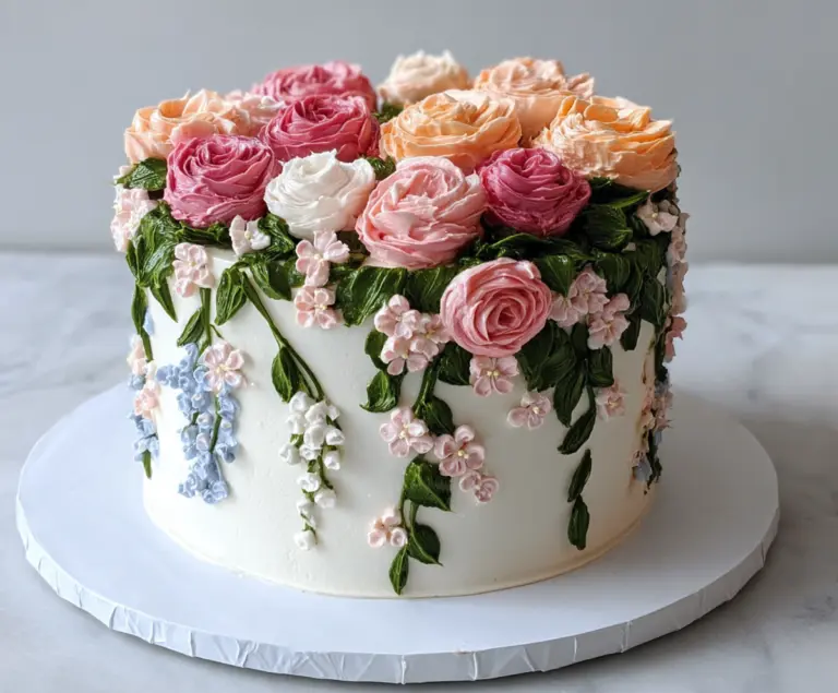 Colorful floral cake decorated with fresh flowers and intricate piping design for special celebrations