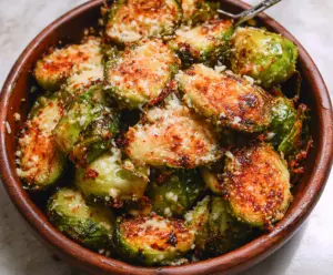 Delicious garlic Parmesan roasted Brussels sprouts on a serving plate, garnished with fresh herbs.