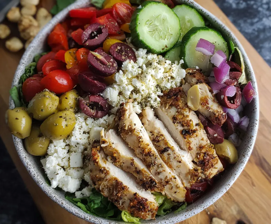 Fresh Greek Chicken Salad Bowls with chopped vegetables, feta cheese, and olives, perfect for a healthy meal.