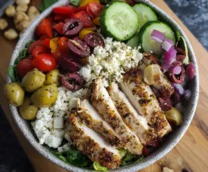 Fresh Greek Chicken Salad Bowls with chopped vegetables, feta cheese, and olives, perfect for a healthy meal.