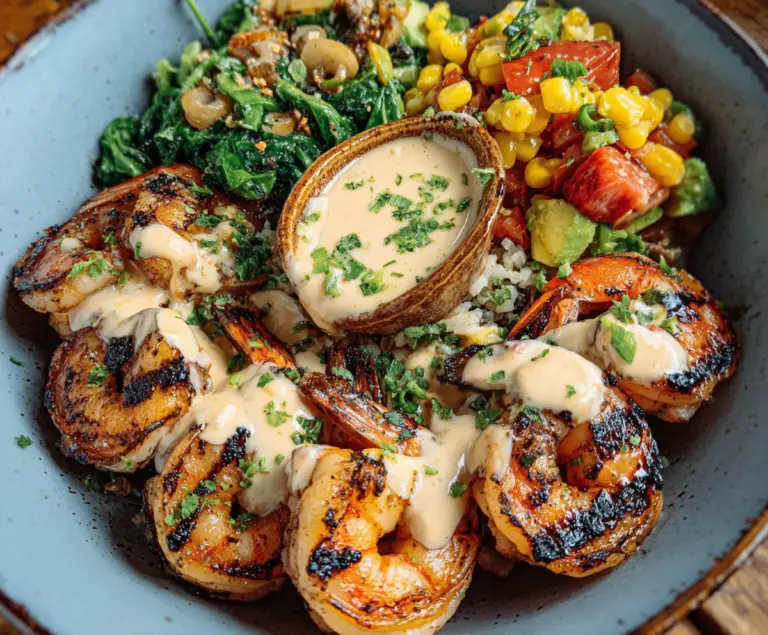 Delicious grilled shrimp bowl topped with creamy garlic sauce, perfect for seafood lovers.