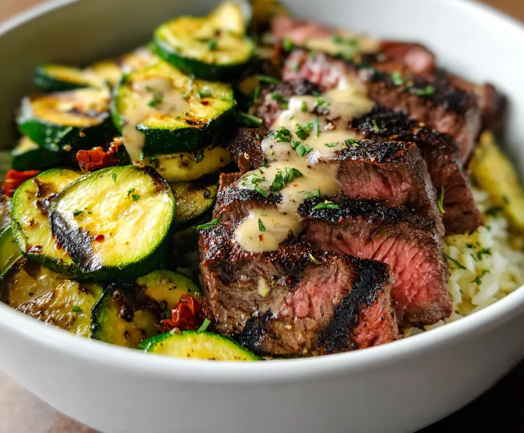 Delicious grilled steak bowl served with fresh zucchini slices, perfect for a healthy meal.