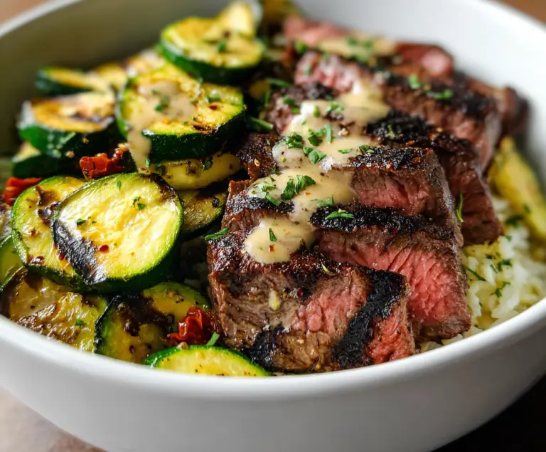 Delicious grilled steak bowl served with fresh zucchini slices, perfect for a healthy meal.