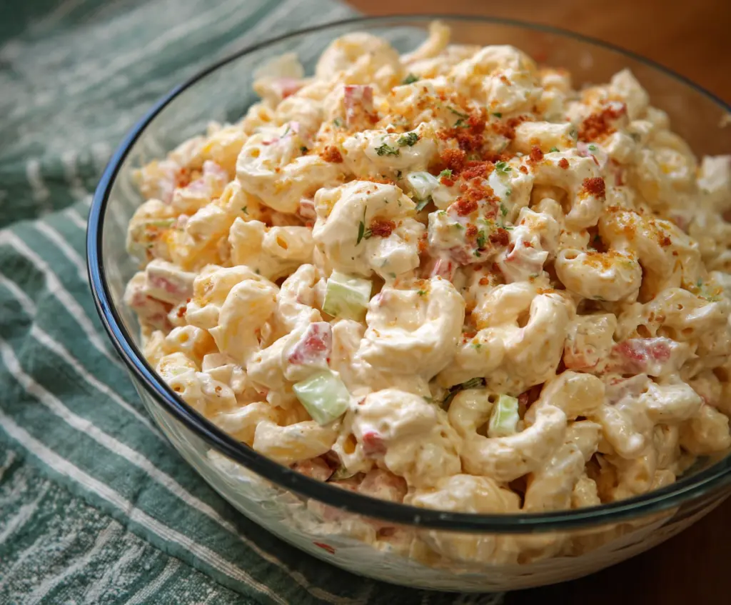 Creamy Guy Fieri's Famous Mac Salad with pasta, mayonnaise, and fresh herbs.