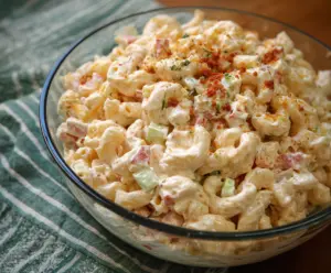 Creamy Guy Fieri's Famous Mac Salad with pasta, mayonnaise, and fresh herbs.