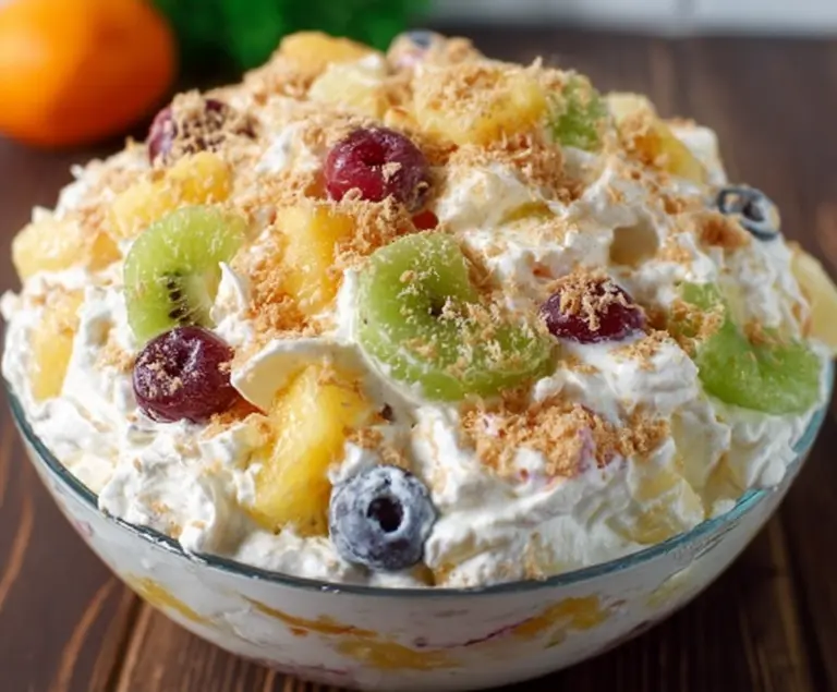 Delicious Hawaiian Cheesecake Salad with fresh fruit and creamy topping, perfect for summer parties.