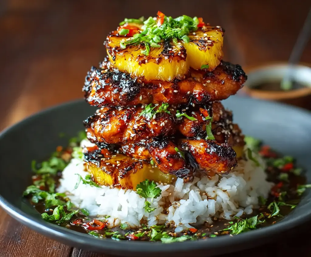 Delicious Hawaiian Huli Huli Chicken Stack featuring grilled chicken, fresh pineapple, and vibrant vegetables