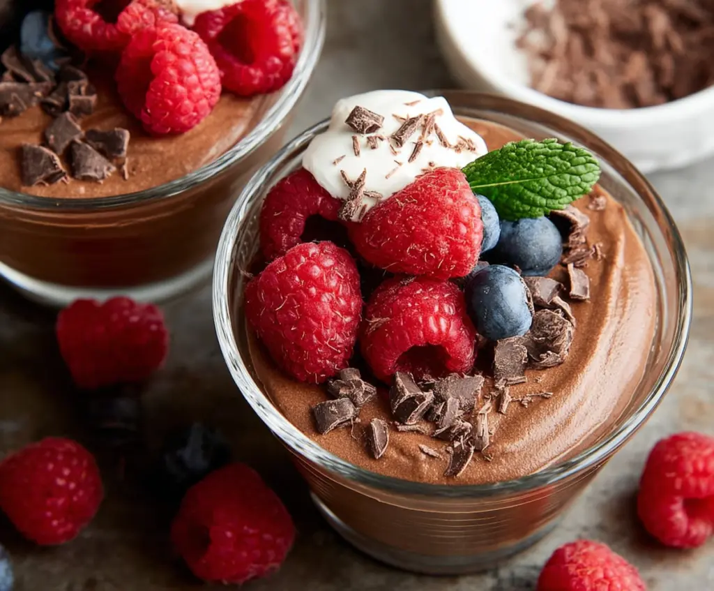 Creamy high protein chocolate pudding in a bowl, perfect for a healthy dessert.