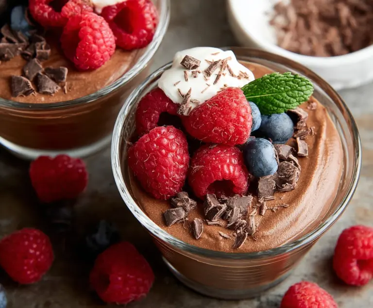 Creamy high protein chocolate pudding in a bowl, perfect for a healthy dessert.