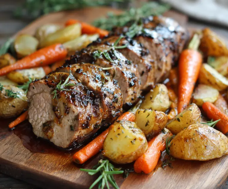 Delicious Honey Garlic Pork Tenderloin served with roasted carrots and potatoes on a white plate.