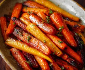 Delicious honey glazed roasted carrots garnished with fresh herbs on a rustic plate