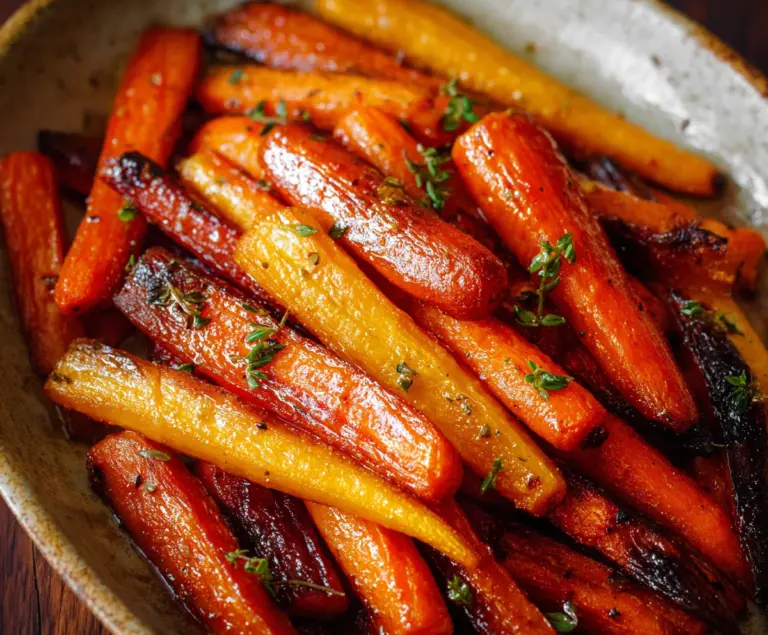 Delicious honey glazed roasted carrots garnished with fresh herbs on a rustic plate