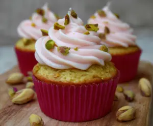 Delicious honey pistachio rosewater cupcakes topped with pistachios and rose petals.