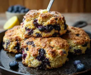 Golden Lemon Blueberry Sourdough Discard Biscuits on a rustic plate with fresh blueberries and lemon slices.
