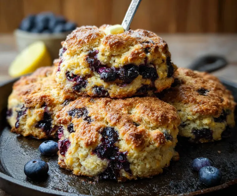 Golden Lemon Blueberry Sourdough Discard Biscuits on a rustic plate with fresh blueberries and lemon slices.