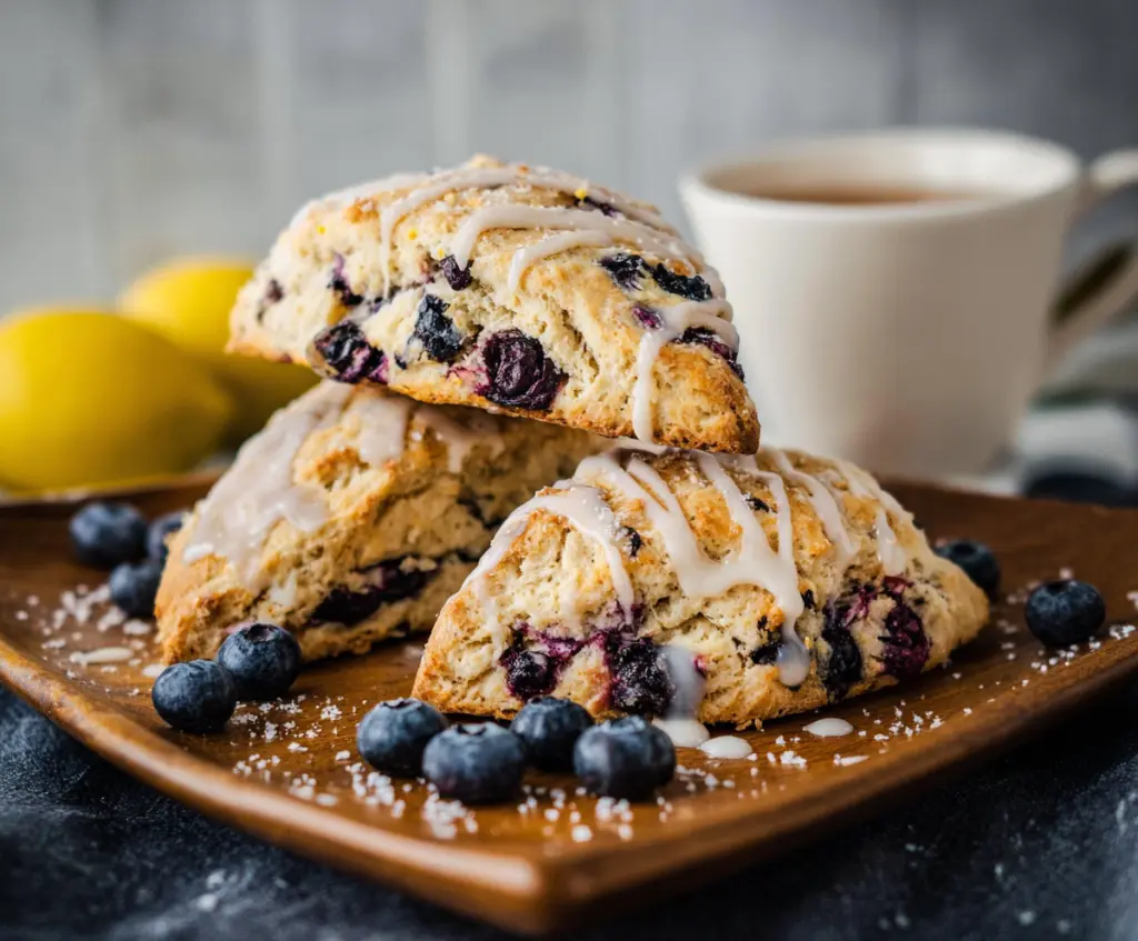Delicious Lemon Blueberry Sourdough Discard Scones on a baking tray, showcasing fresh blueberries and lemon zest.