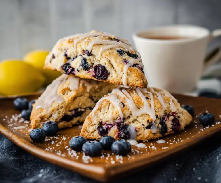 Delicious Lemon Blueberry Sourdough Discard Scones on a baking tray, showcasing fresh blueberries and lemon zest.