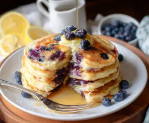 Delicious Lemon Blueberry Sourdough Pancakes topped with fresh blueberries and lemon slices.