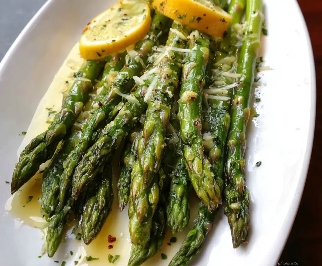 Delicious Lemon Butter Asparagus dish garnished with lemon slices on a white plate.