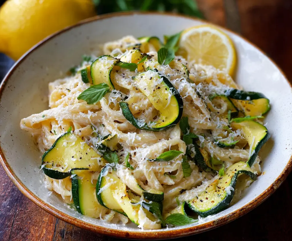 Delicious Lemon Ricotta Pasta with Fresh Zucchini Ribbons on a white plate, garnished with herbs