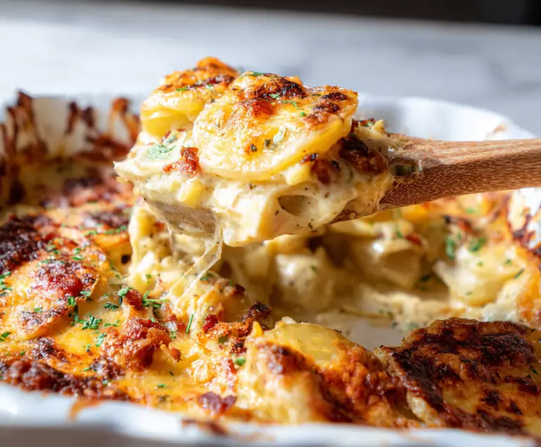 Creamy loaded scalloped potatoes topped with cheese and bacon served on a plate.