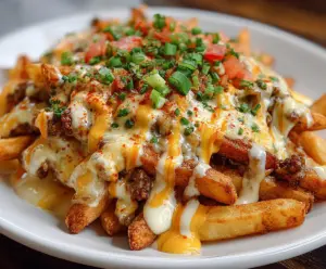 Plate of crispy Louisiana Voodoo Fries topped with spicy sauce and cheese, served with fresh herbs
