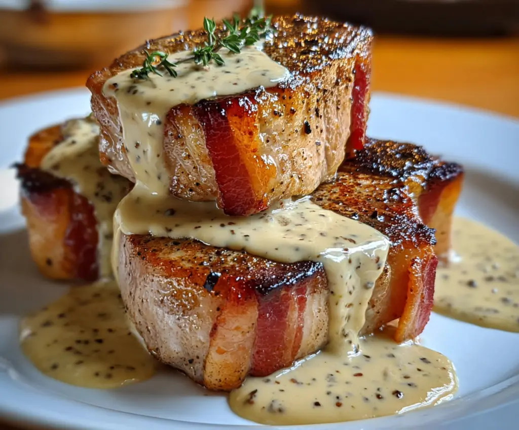 Delicious Maple Bacon Pork Chops topped with a creamy Dijon mustard sauce on a rustic plate.