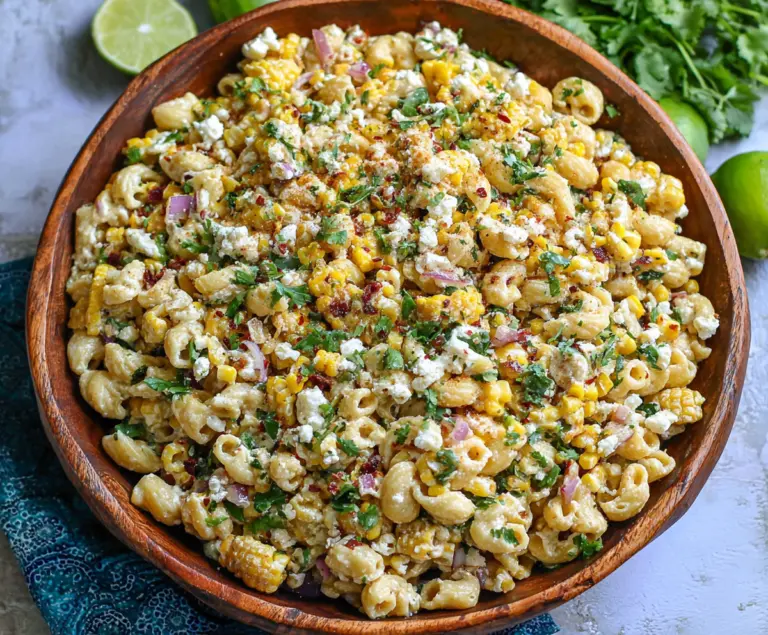 Creamy Mexican street corn pasta salad with cotija cheese and cilantro in a bowl.