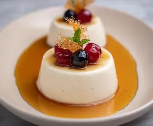 Creamy orange blossom honey panna cotta topped with vibrant berry compote for a delightful dessert.