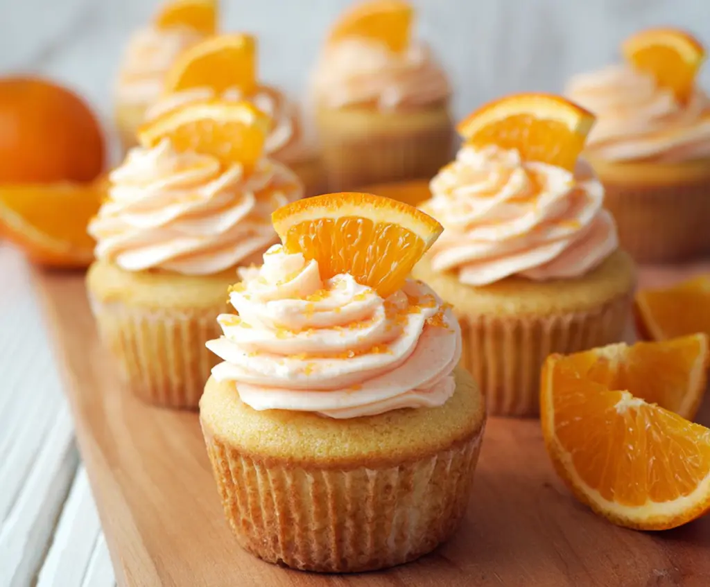 Delicious Orange Creamsicle Cupcakes topped with creamy frosting and orange zest.