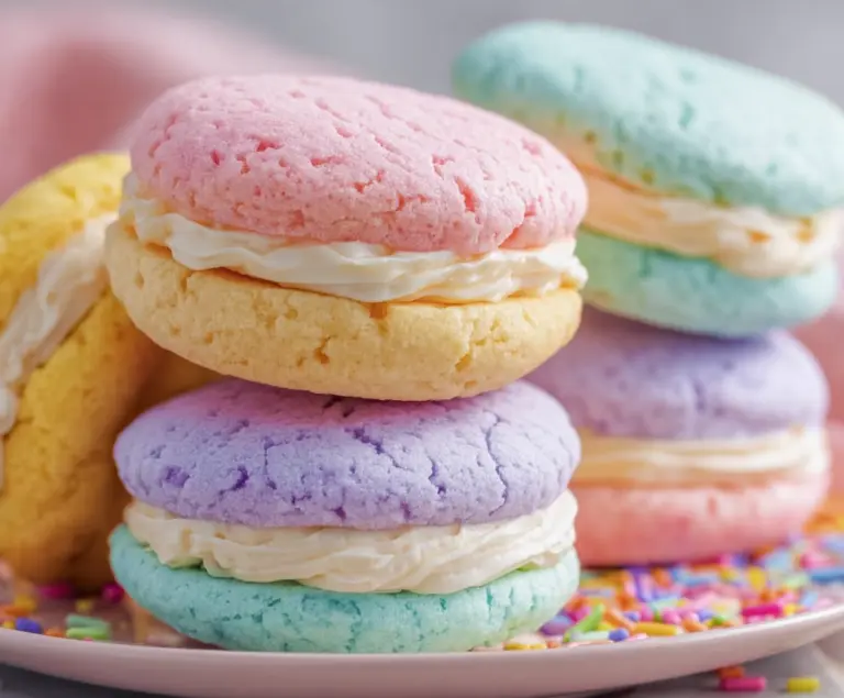Delicious pastel sugar cookie sandwiches with colorful frosting and sprinkles for a sweet treat.