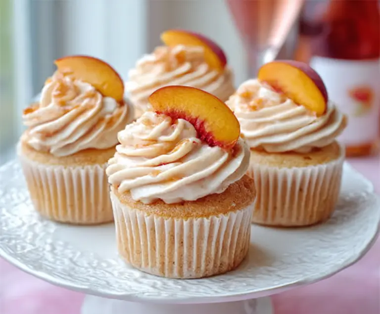 Delicious Peach Bellini Cupcakes topped with fresh peach slices and colorful frosting for a refreshing dessert.