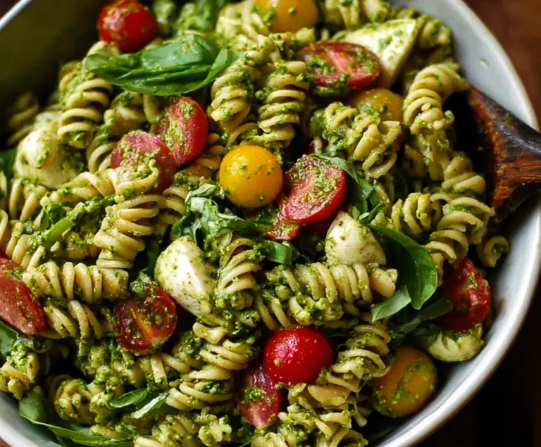 Colorful pesto pasta salad with fresh basil, cherry tomatoes, and grated cheese on a white plate.