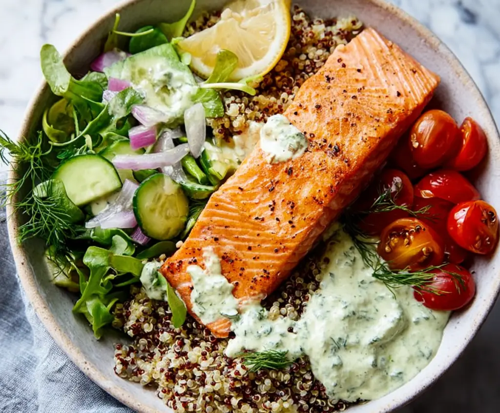 Healthy salmon and quinoa power bowl with fresh vegetables and roasted herbs.