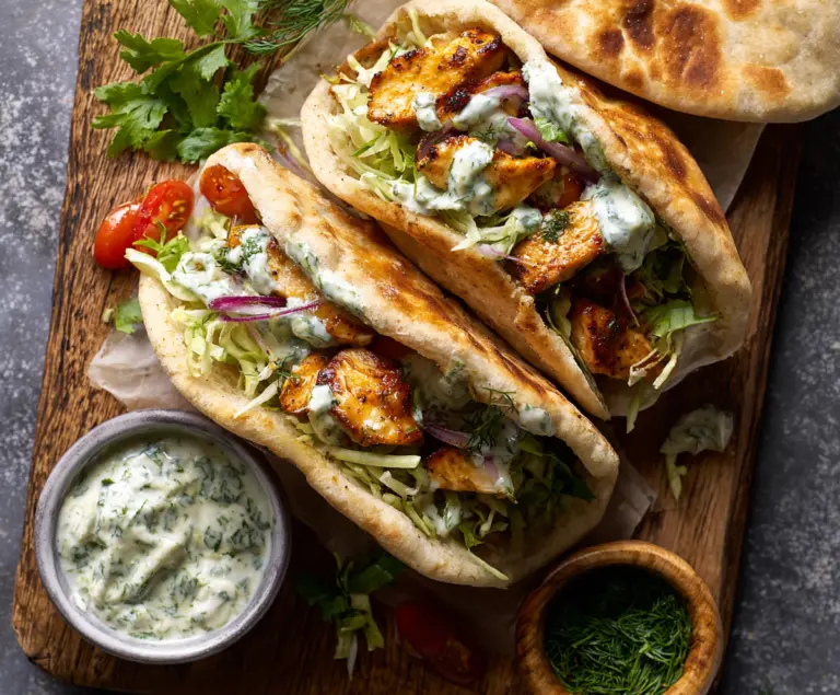 Delicious Sheet Pan Chicken Pitas topped with fresh herbs and creamy ranch, perfect for quick dinner favorites.