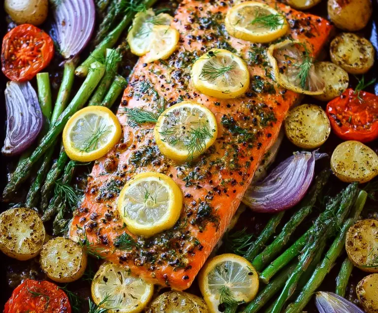 Delicious sheet pan honey mustard salmon served with fresh spring vegetables for a healthy dinner.