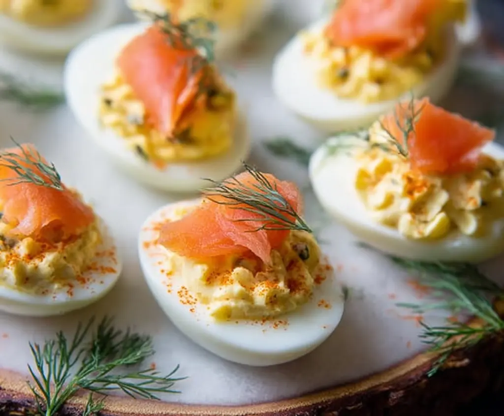 Delicious smoked salmon deviled eggs garnished with fresh herbs on a white plate.
