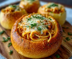Delicious spaghetti served in garlic bread bowls with fresh herbs and melted cheese.