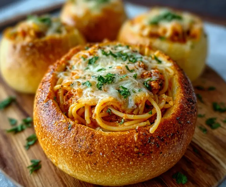 Delicious spaghetti served in garlic bread bowls with fresh herbs and melted cheese.