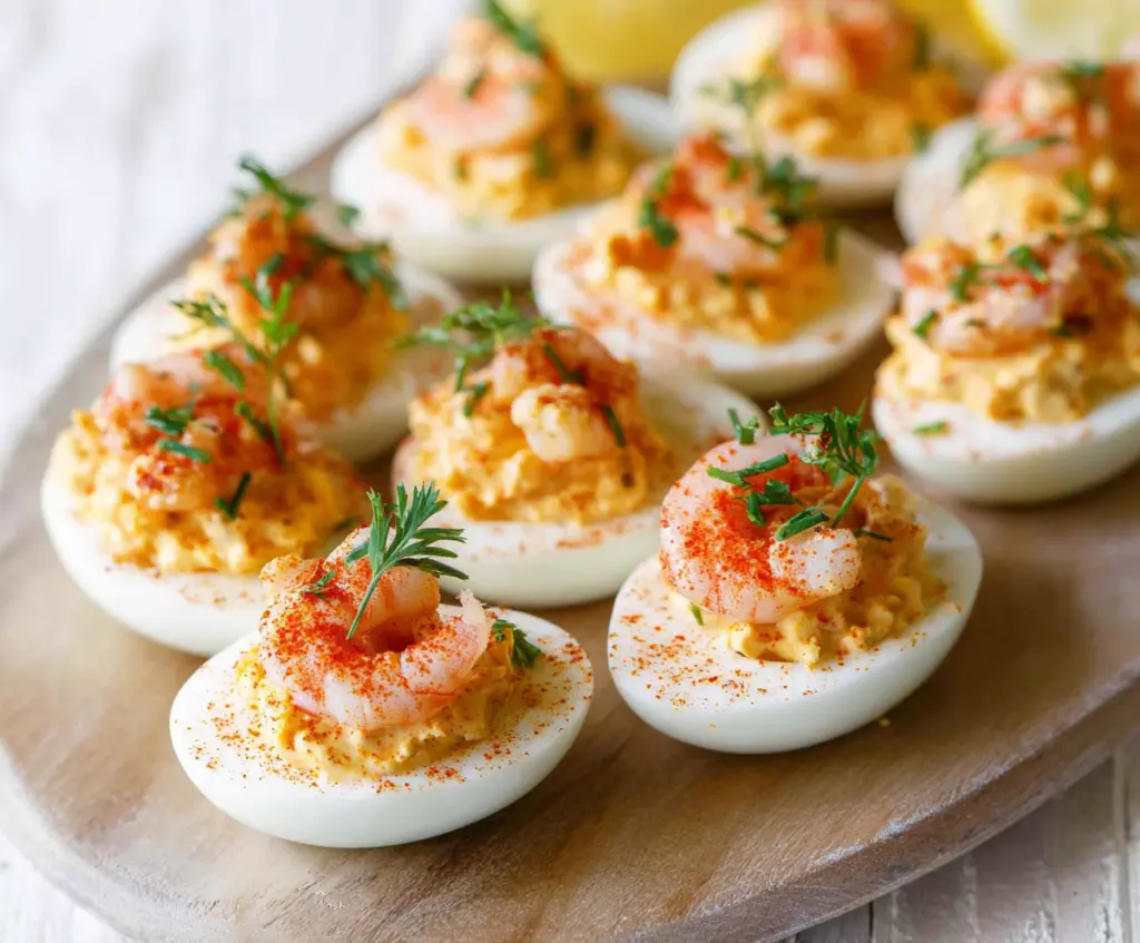 Delicious spicy crawfish deviled eggs garnished with herbs on a plate.