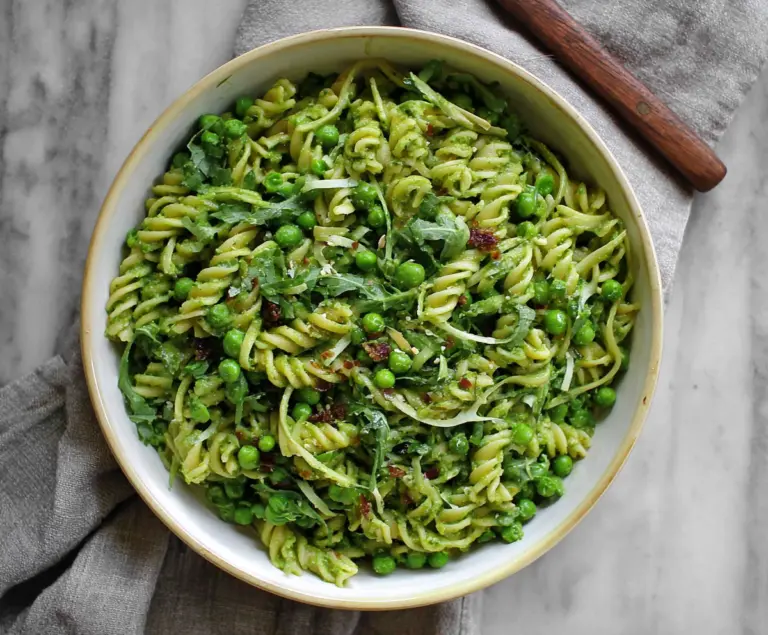 Fresh spring pea pesto pasta garnished with basil for a vibrant vegetarian dish.