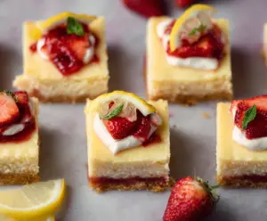 Delicious Springtime Strawberry Lemon Cheesecake Bars with fresh strawberries and a zesty lemon flavor.