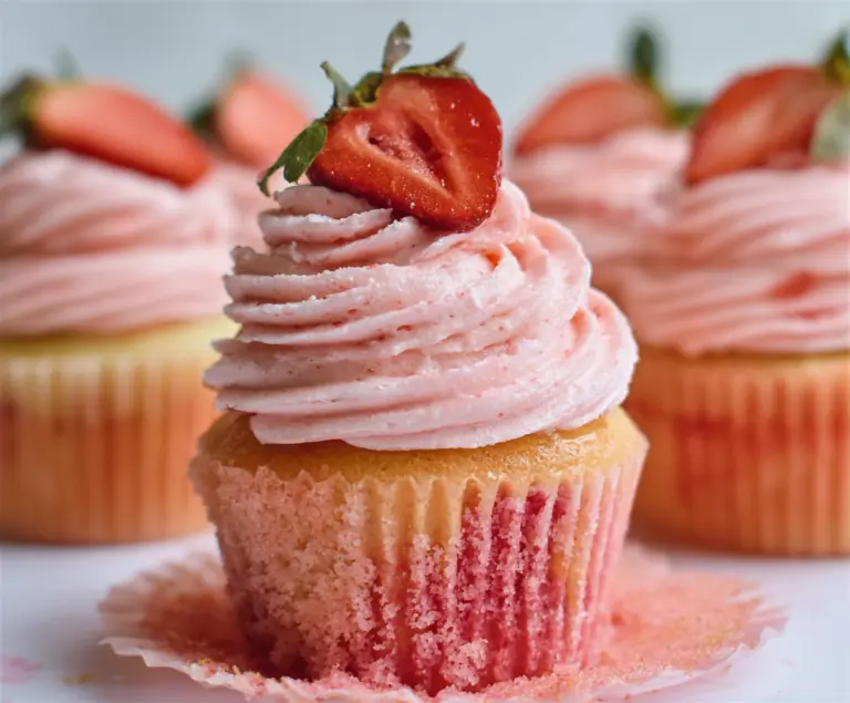 Delicious strawberry cupcakes topped with fresh strawberries and whipped cream, perfect for dessert or special occasions.