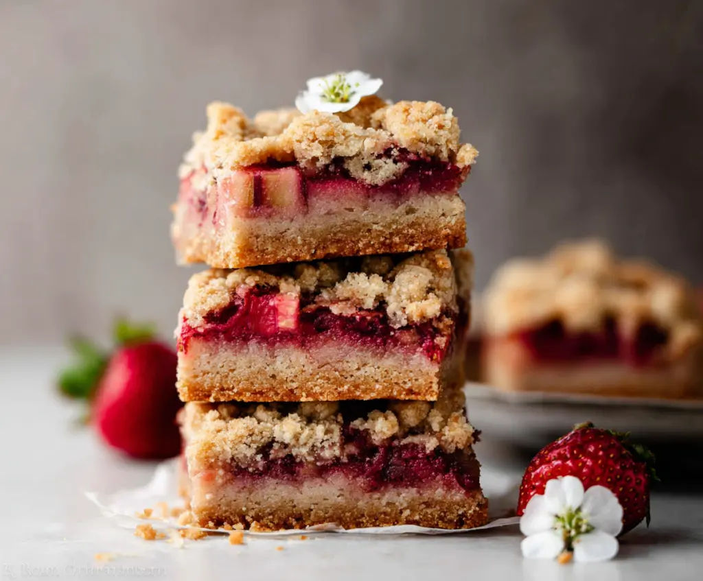 Delicious homemade Strawberry Rhubarb Crumble Bars with a golden crust and vibrant fruit filling.